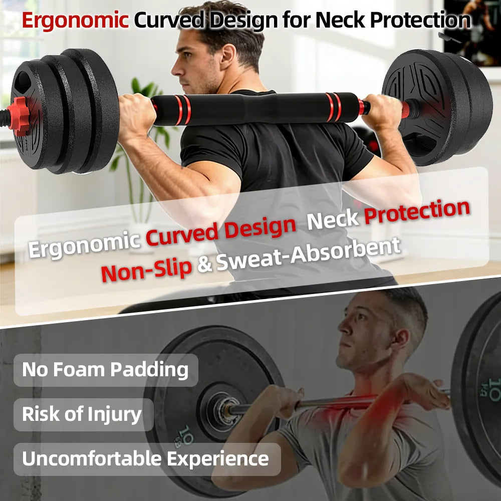 Person lifting weights with ergonomic barbell, highlighting neck protection features.
