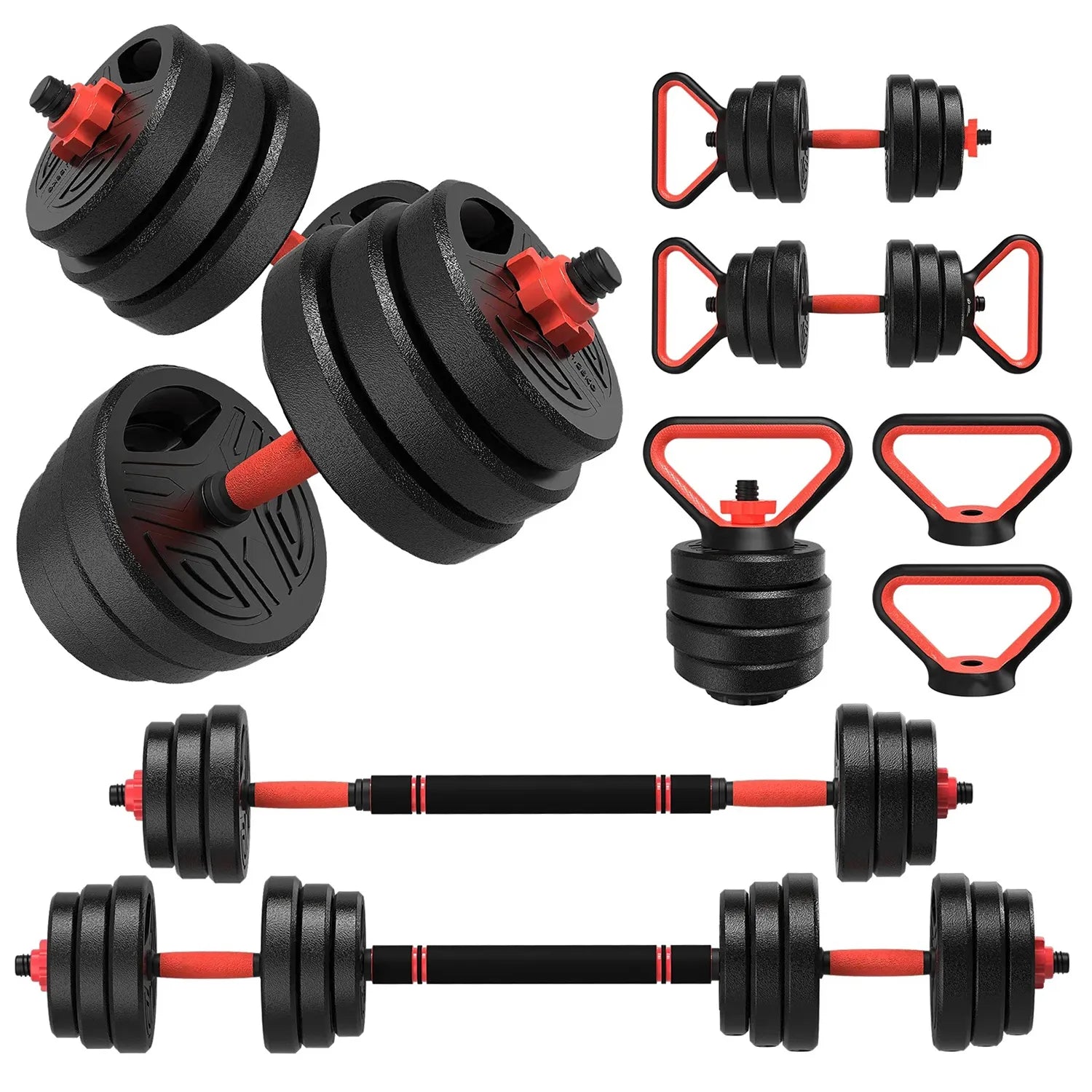 Set of adjustable Plianx 5-in-1 Dumbbell Set with red accents on a white background