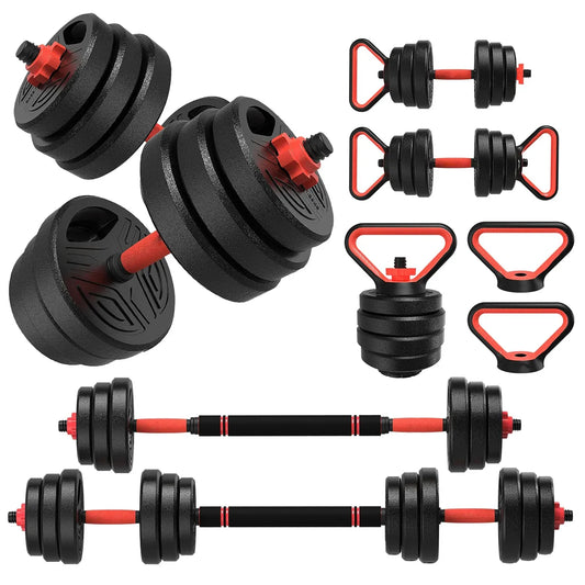 Set of adjustable Plianx 5-in-1 Dumbbell Set with red accents on a white background