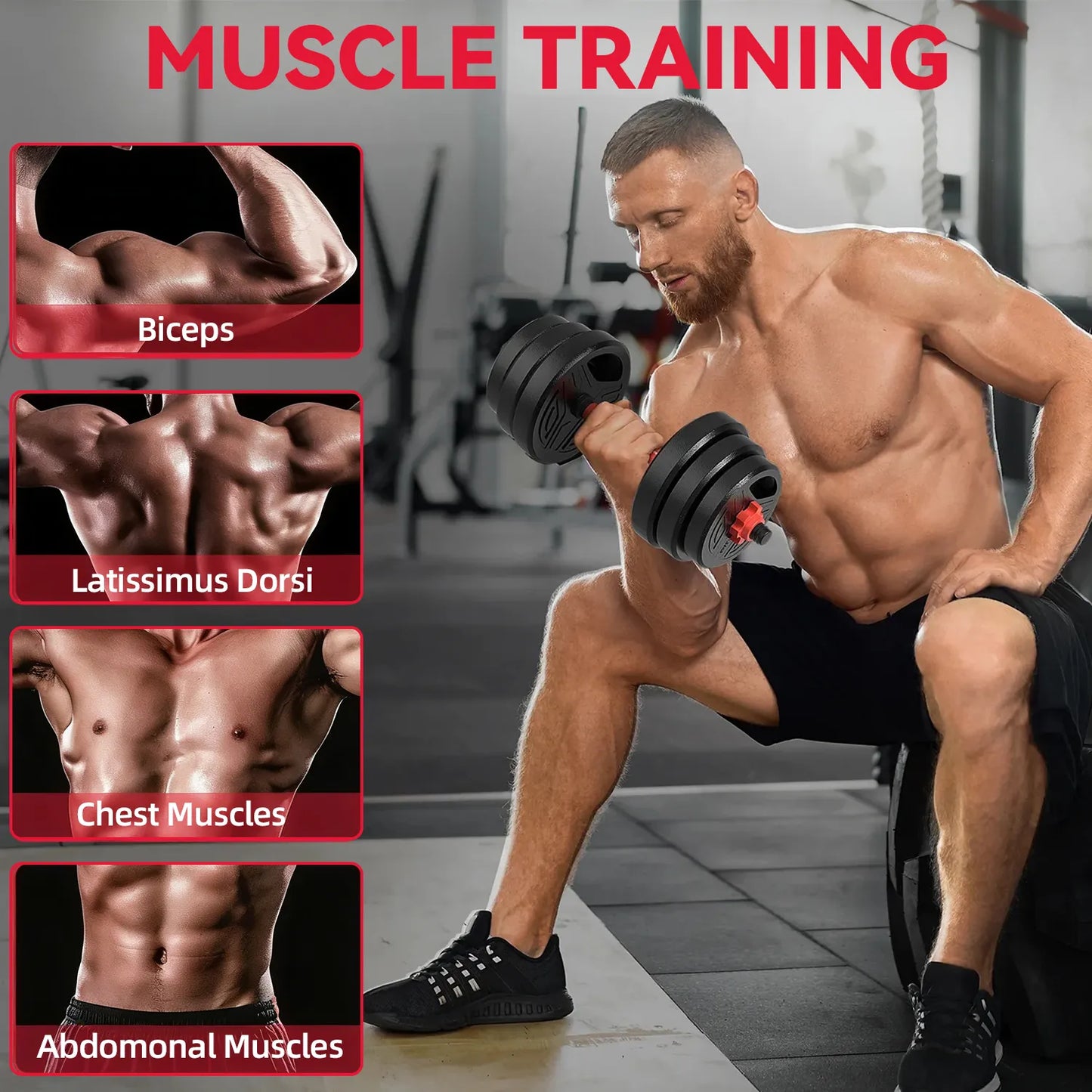 Man lifting weights with muscle anatomy diagrams on a gym background