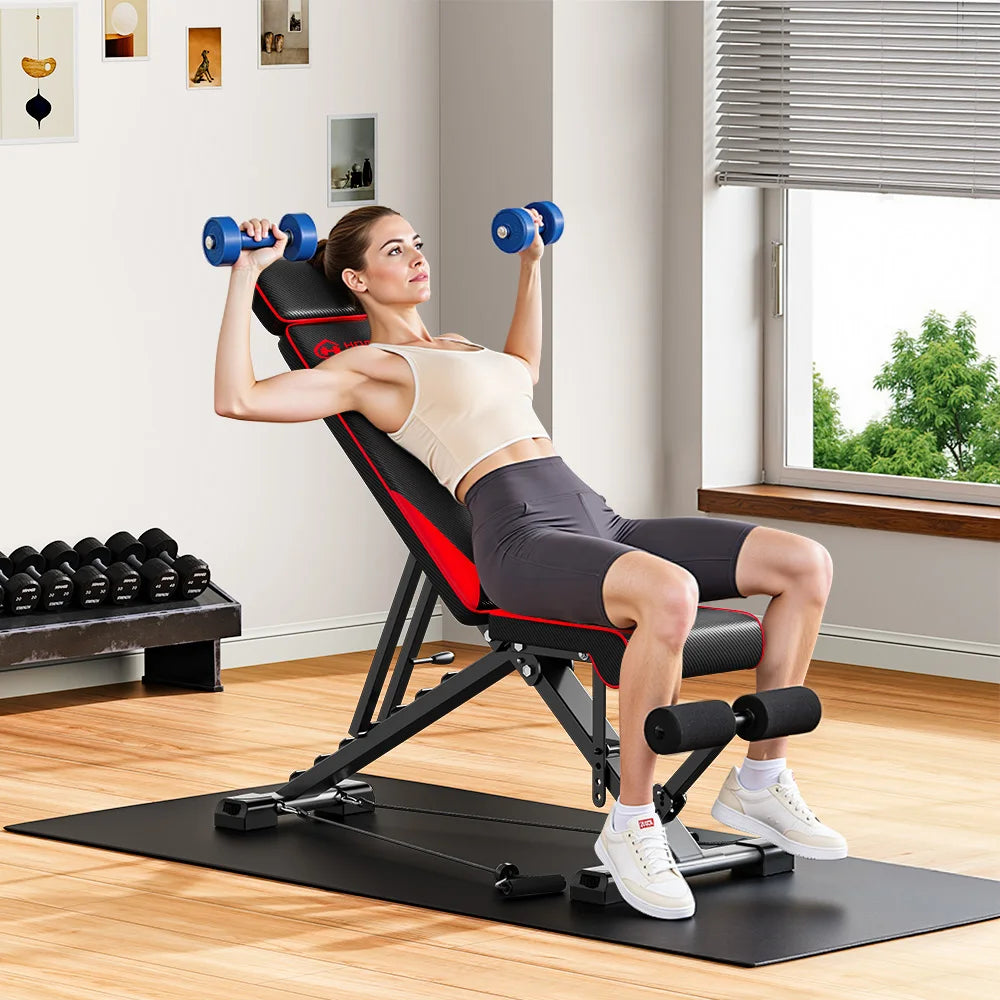 Woman exercising with dumbbells on a Plianx Adjustable Weight Bench in a home setting.