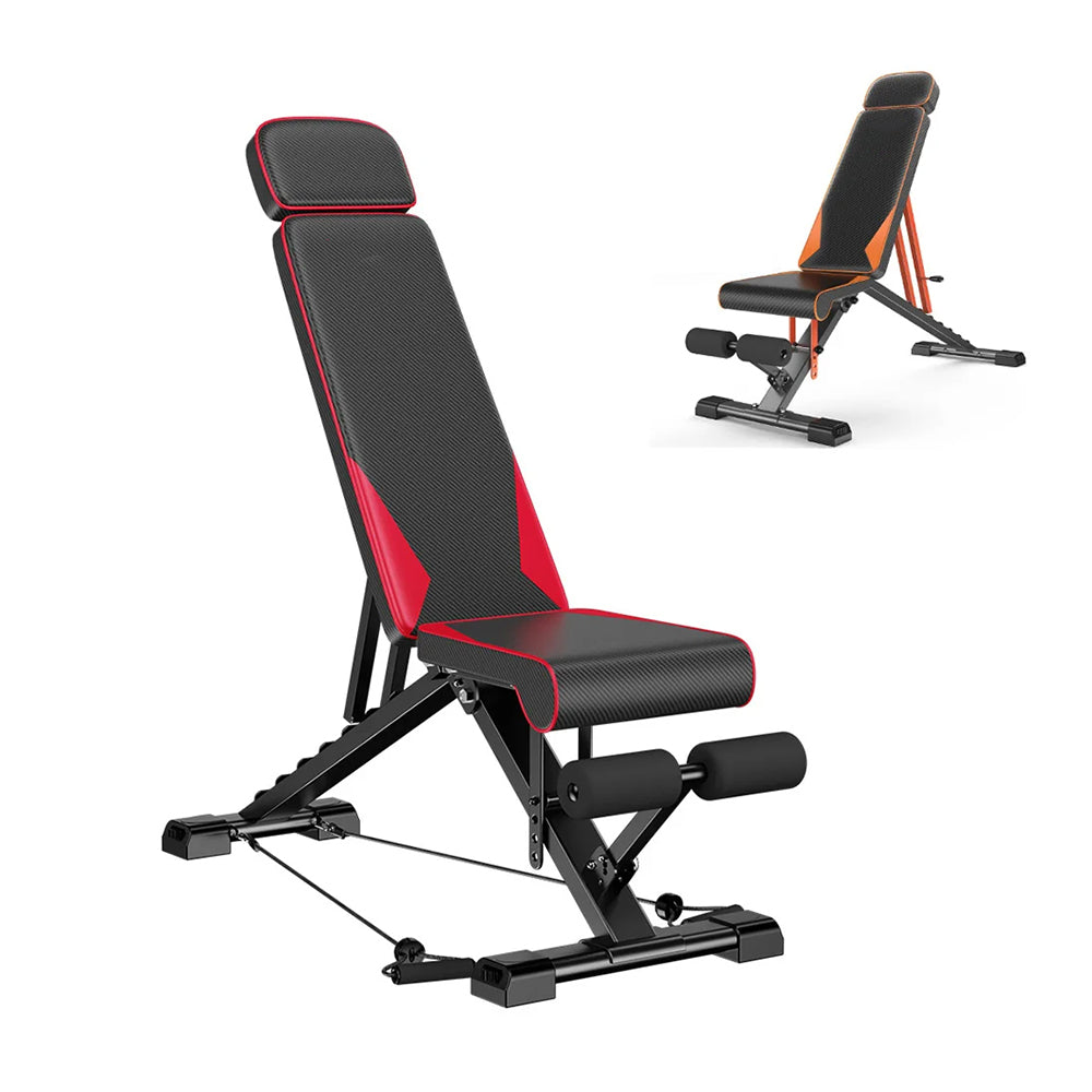 Black and red Plianx Adjustable Weight Bench on a white background