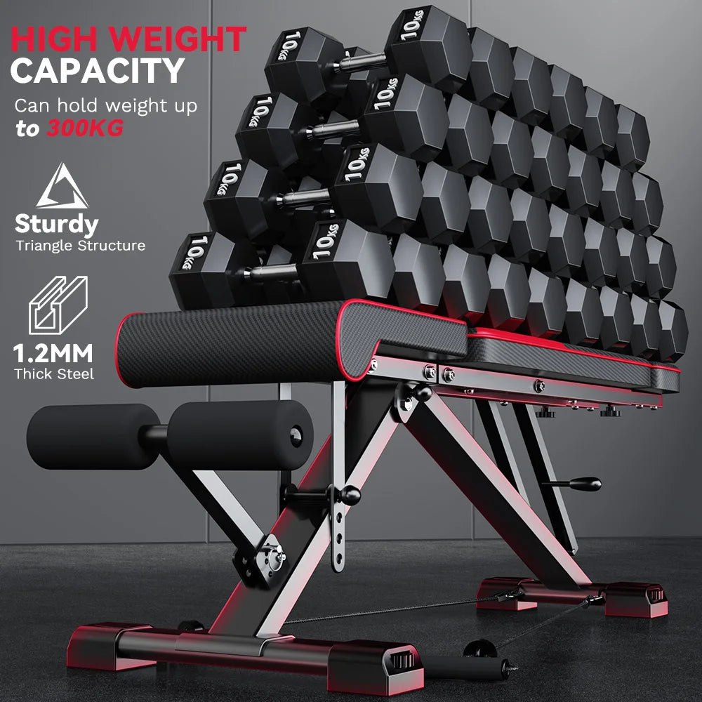 Set of dumbbells and Plianx Adjustable Weight Bench with text highlighting capacity and features on a dark background