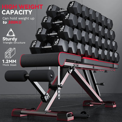 Set of dumbbells and Plianx Adjustable Weight Bench with text highlighting capacity and features on a dark background