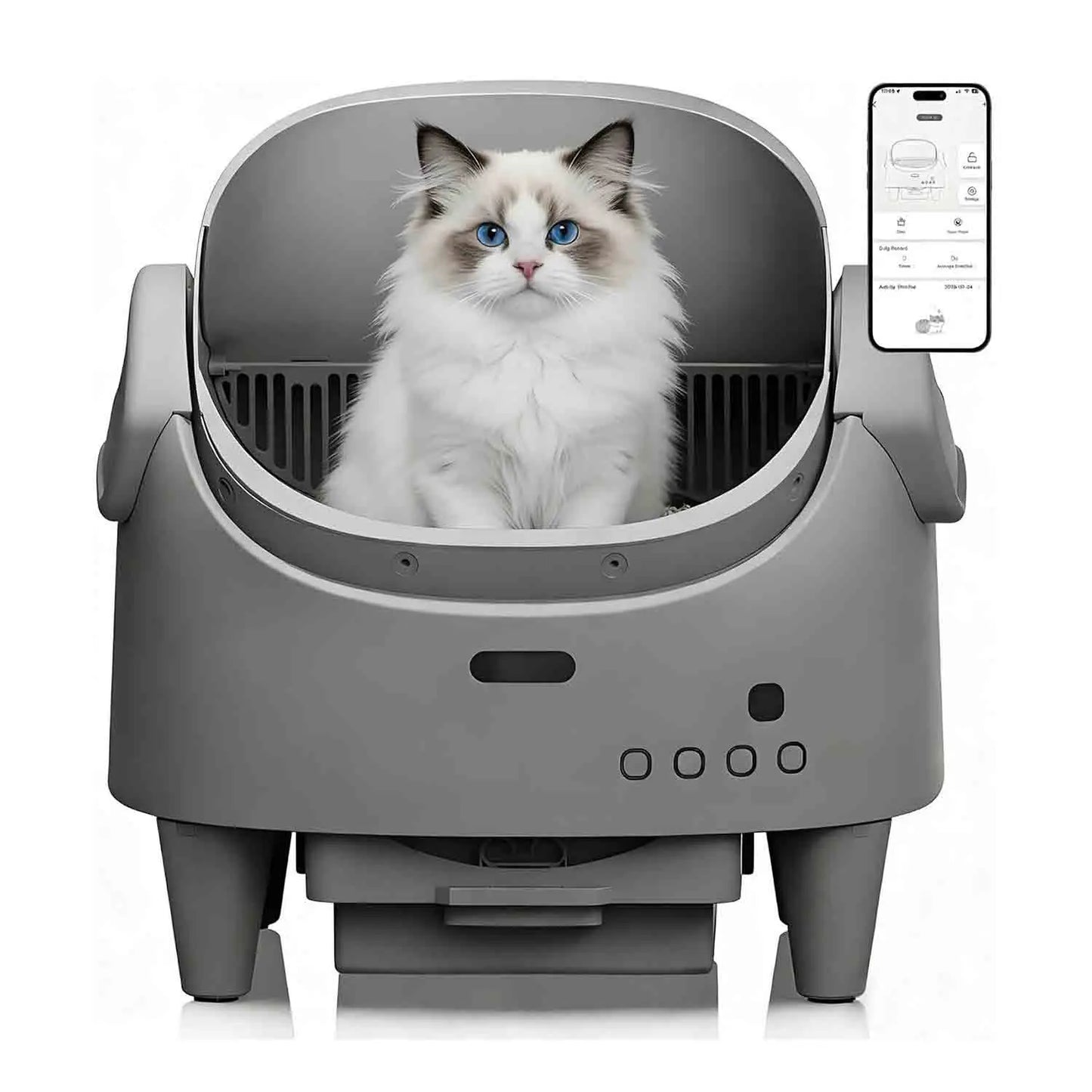 Plianx Automatic Self-Cleaning Cat Litter Box sitting inside a gray pet washing machine with a smartphone app displayed.