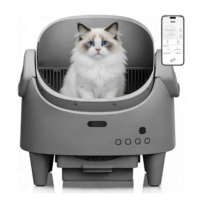 Plianx Automatic Self-Cleaning Cat Litter Box sitting inside a gray pet washing machine with a smartphone app displayed.