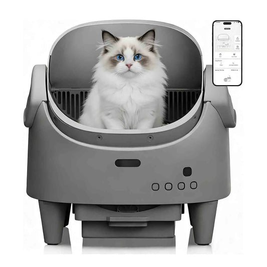 Plianx Automatic Self-Cleaning Cat Litter Box sitting inside a gray pet washing machine with a smartphone app displayed.