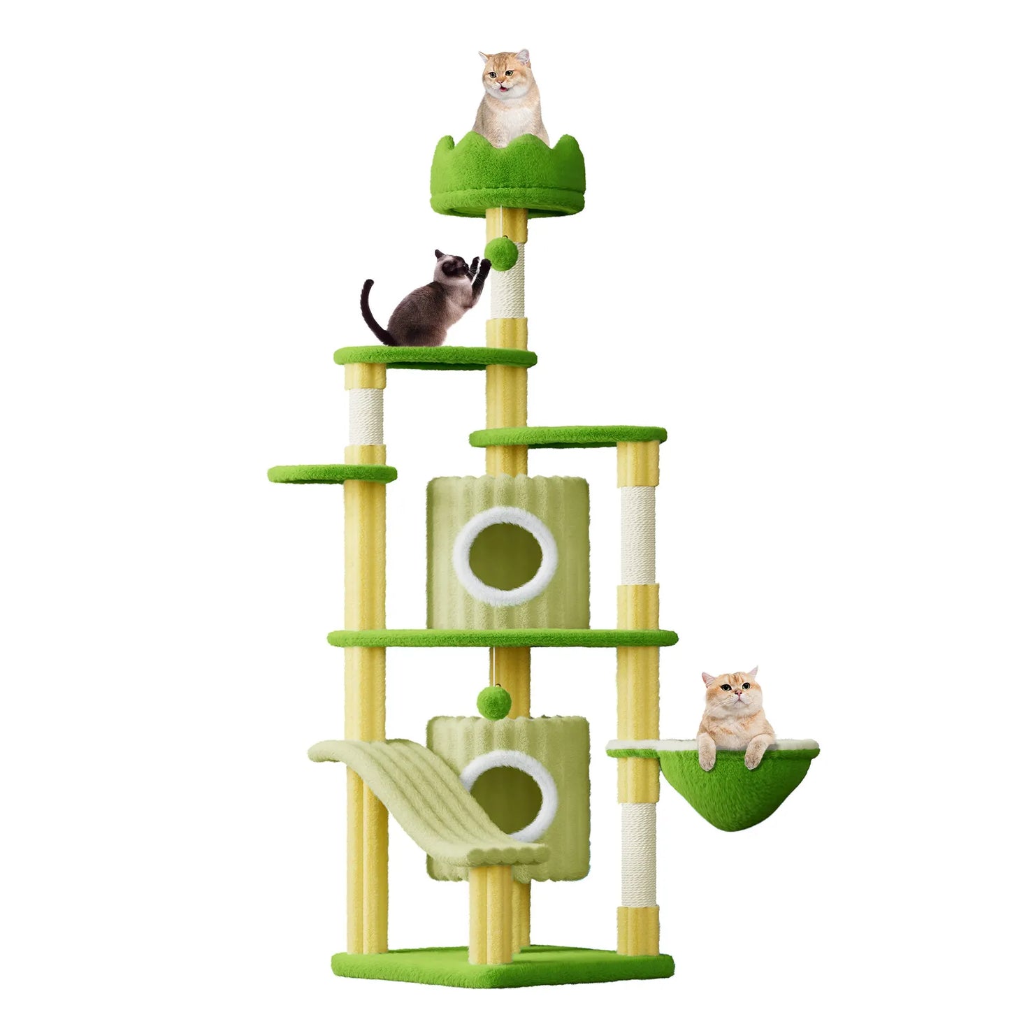 Plianx Cat Tree with multiple levels and a green color scheme on a white background