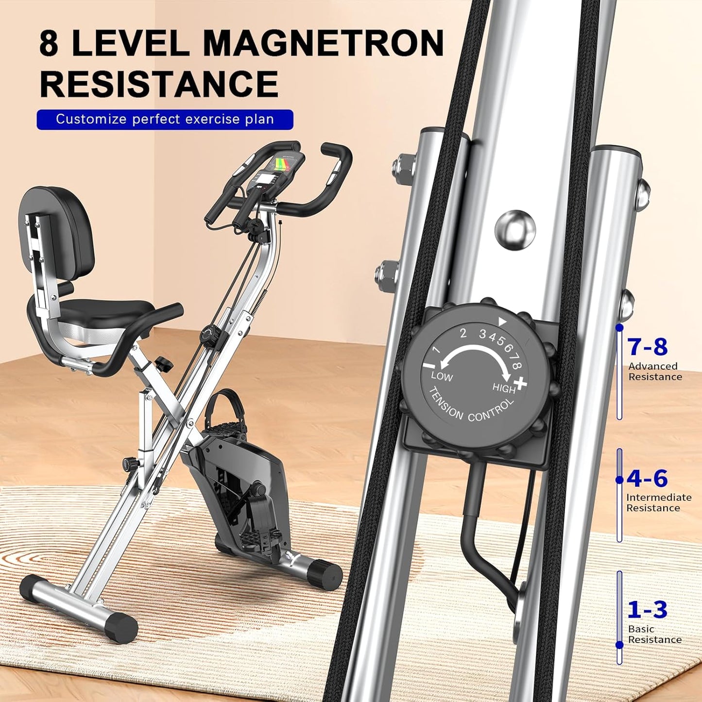 Plianx Foldable Exercise Bike with magnetron resistance control on a wooden floor.