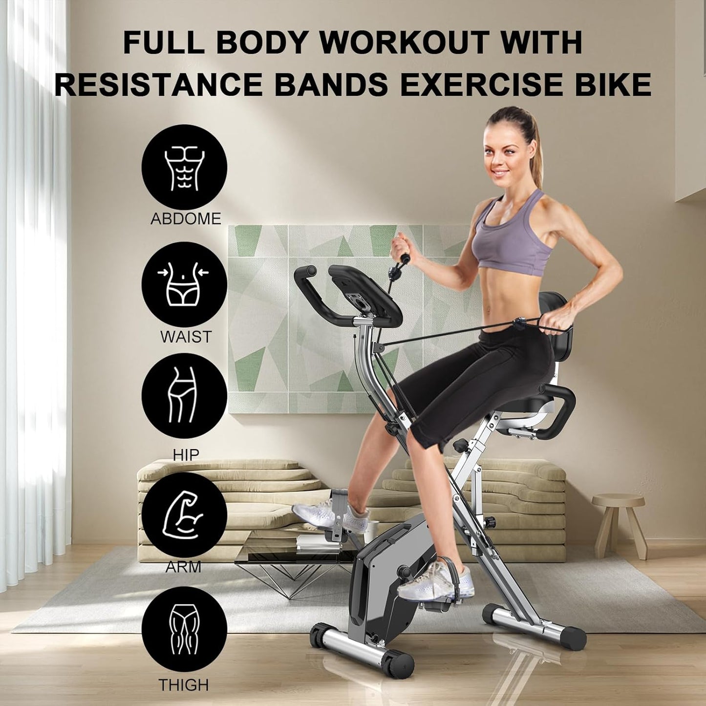 Woman exercising on a resistance bands exercise Plianx Foldable Exercise Bike in a home setting.