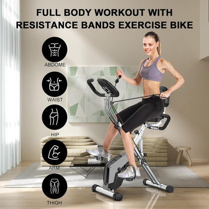 Woman exercising on a resistance bands exercise Plianx Foldable Exercise Bike in a home setting.