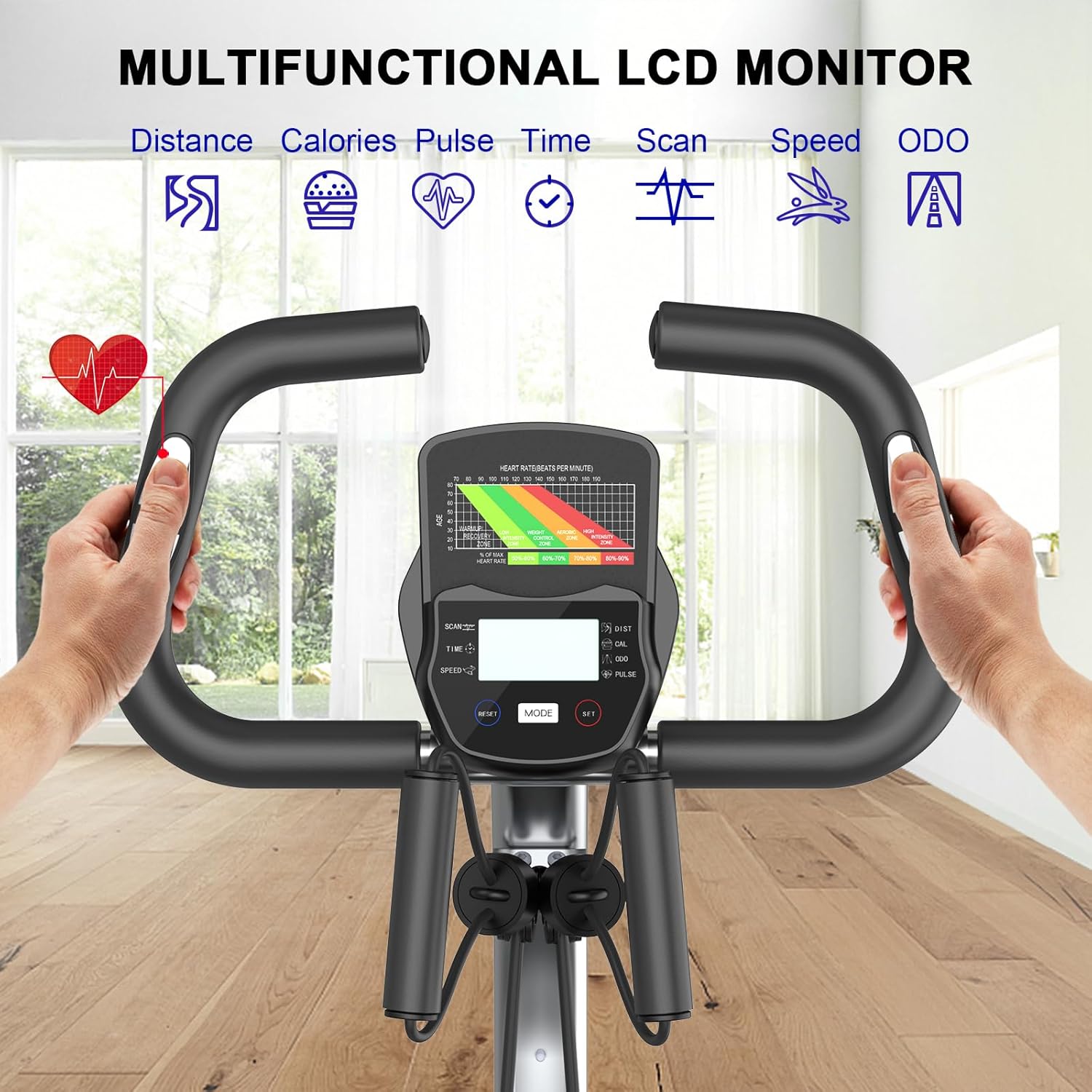 Plianx Foldable Exercise Bike with multifunctional LCD monitor in a home setting