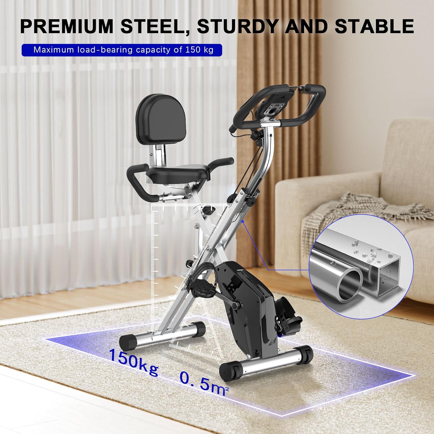 Exercise bike with premium steel frame in a living room setting