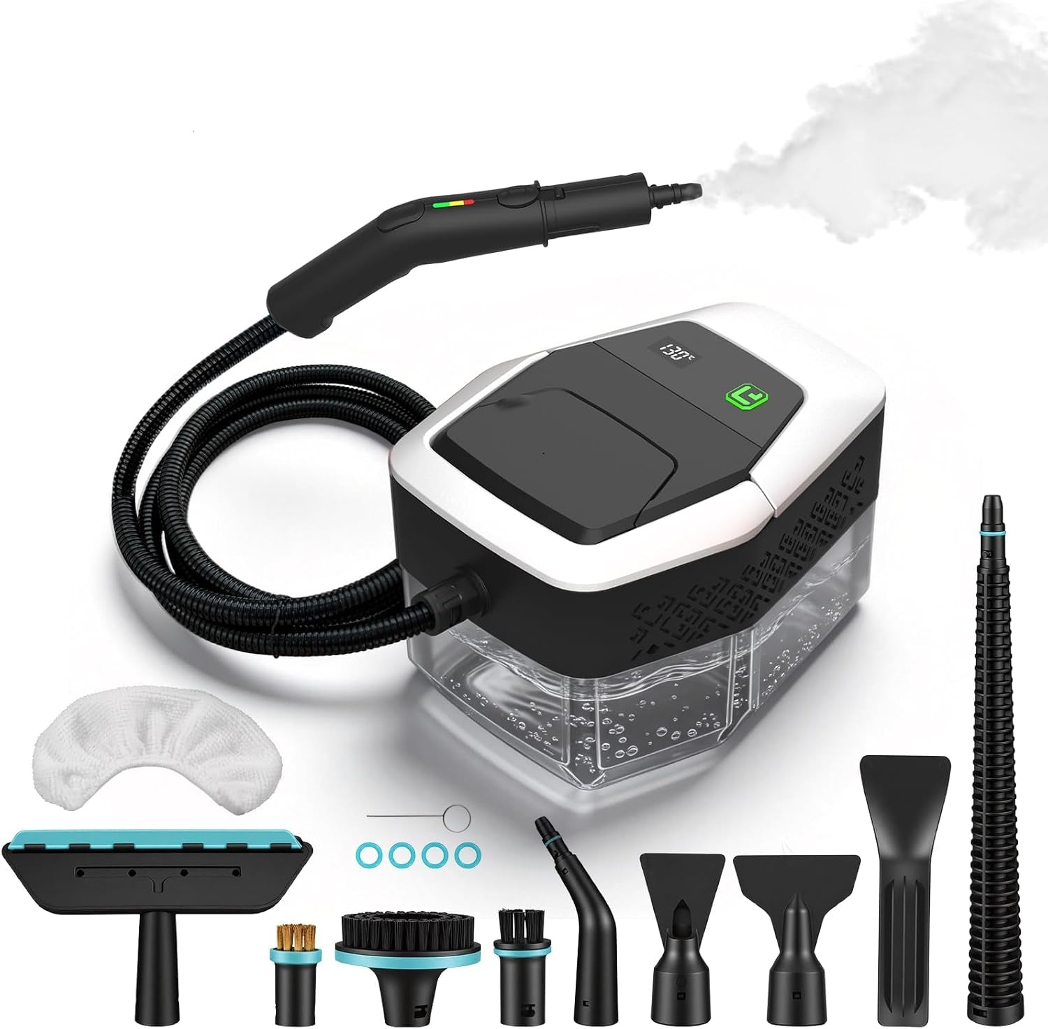 Plianx Handheld Steam Cleaner with various attachments on a white background