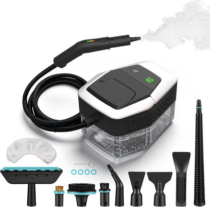 Plianx Handheld Steam Cleaner with various attachments on a white background