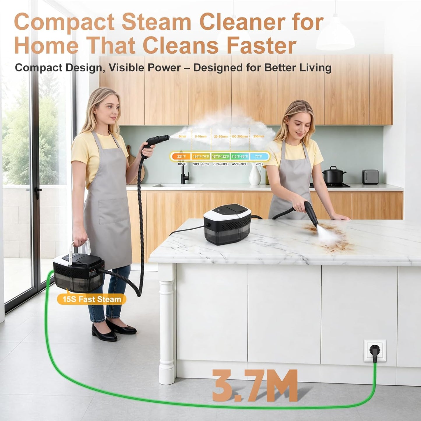 Compact steam cleaner being used in a kitchen with text highlighting its features.