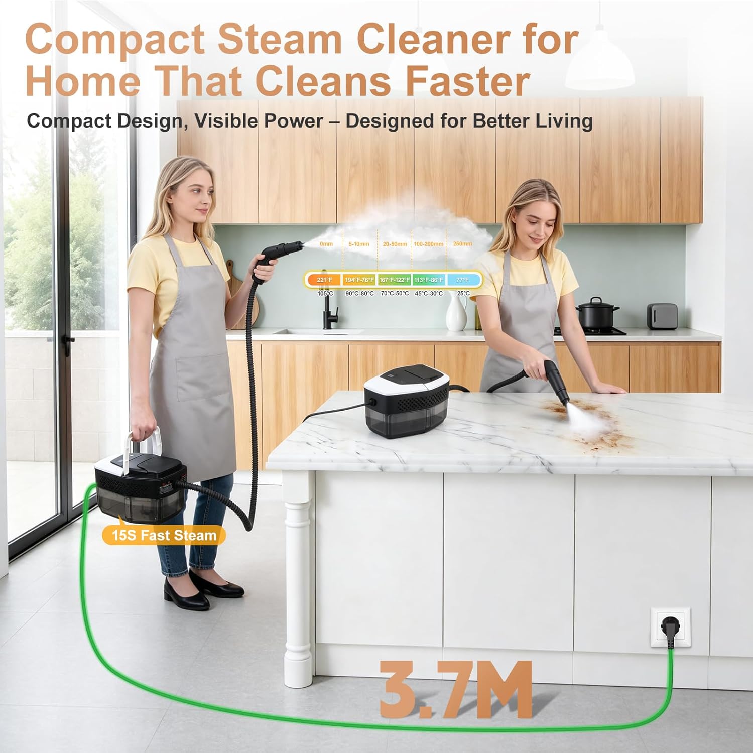 Compact steam cleaner being used in a kitchen with text highlighting its features.