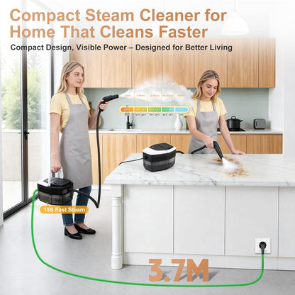 Compact steam cleaner being used in a kitchen with text highlighting its features.