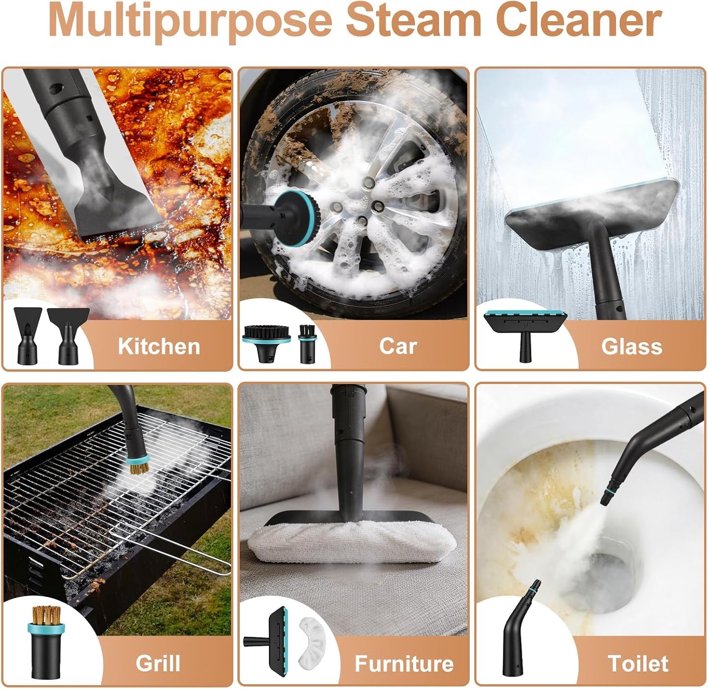 Multipurpose Plianx Handheld Steam Cleaner with various cleaning applications on different surfaces.