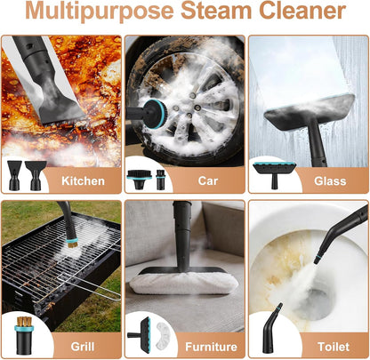 Multipurpose Plianx Handheld Steam Cleaner with various cleaning applications on different surfaces.