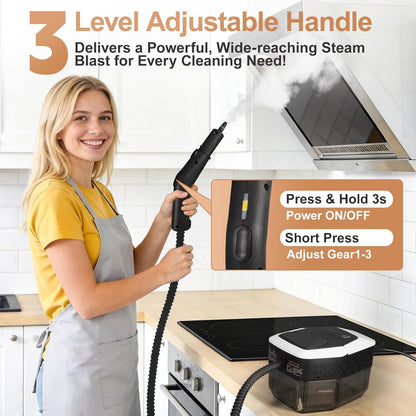 Person using a Plianx Handheld Steam Cleaner with text highlighting its features in a kitchen setting