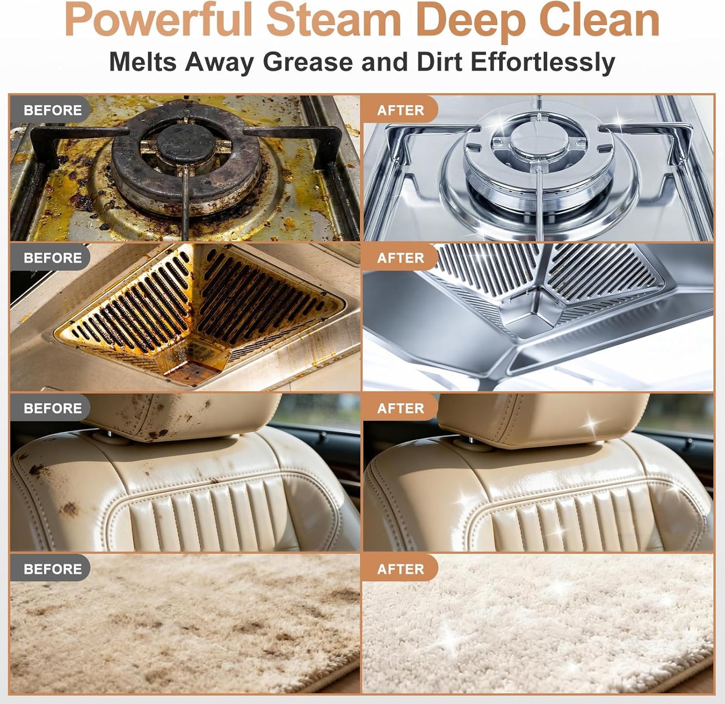 Before and after images of a stove, air vent, car seat, and floor mat cleaned with a steam cleaner.