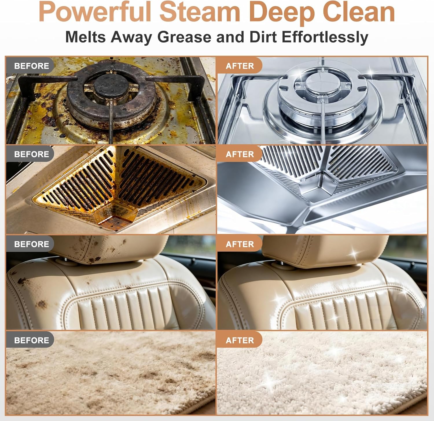 Before and after images of a stove, air vent, car seat, and floor mat cleaned with a steam cleaner.