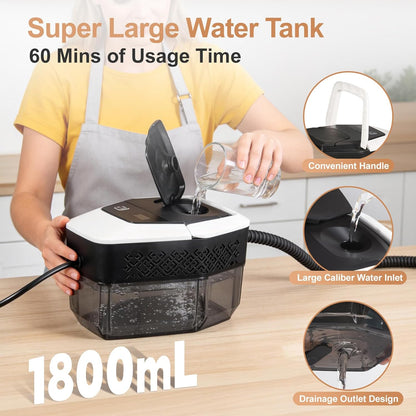 Person using a black and white water tank device with text highlighting features on a wooden surface.