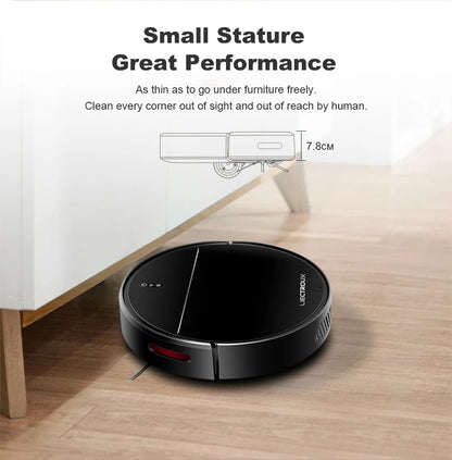 Plianx M7S Robot Vacuum under a piece of furniture with text highlighting its small stature and performance.