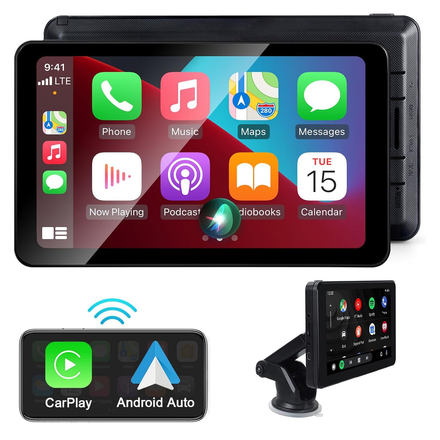 Car multimedia system with touchscreen display and Plianx Wireless CarPlay Screen/Android Auto connectivity on a white background.