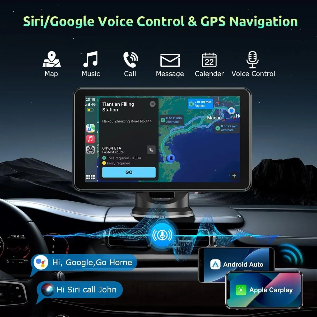 Car dashboard with navigation system displaying map and interface options, featuring Siri and Google voice control.