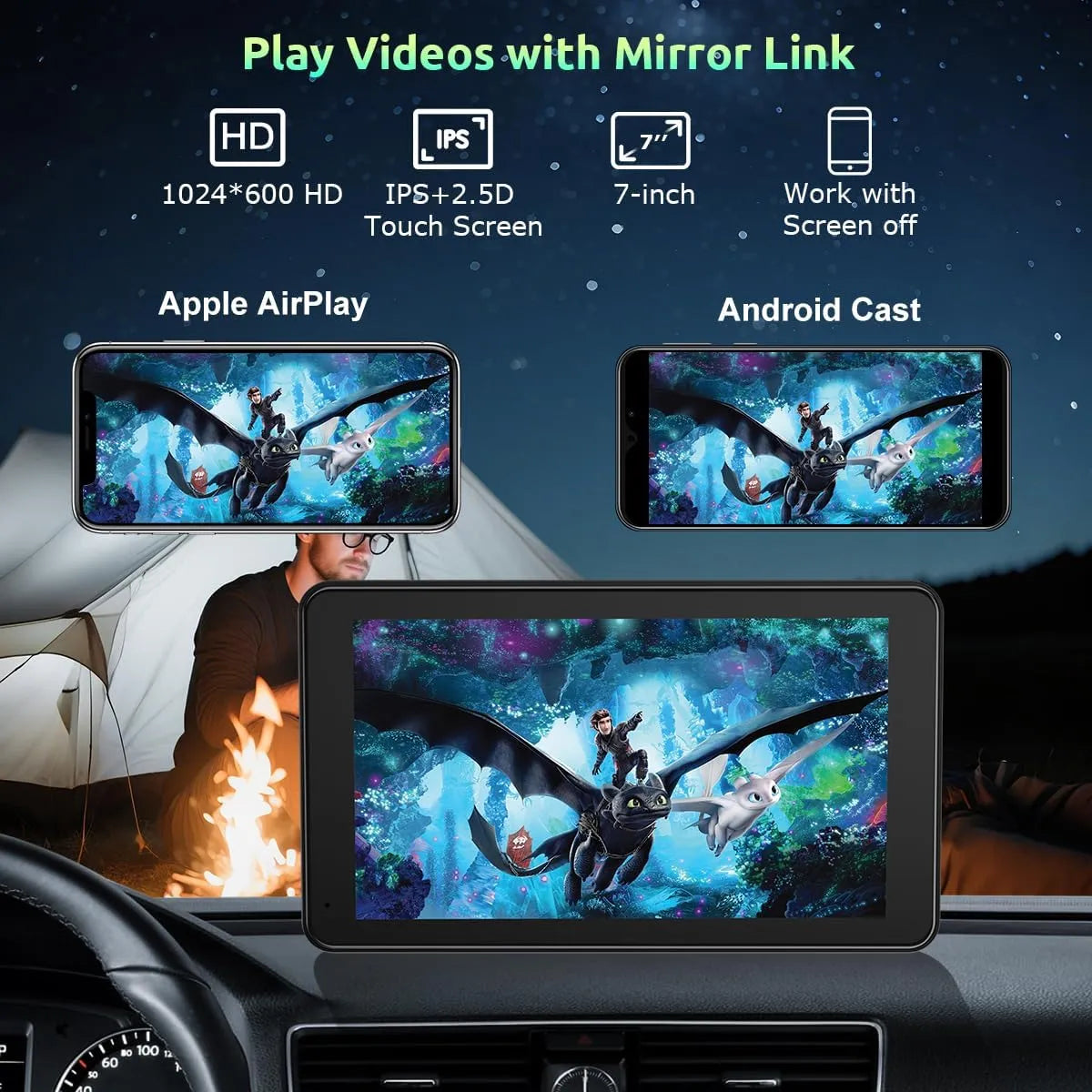 7-inch screen displaying a dragon movie with features like HD resolution and Apple AirPlay compatibility.