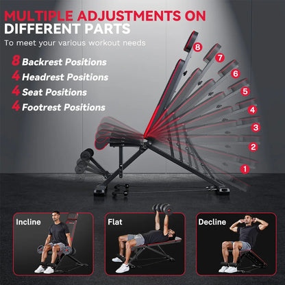 Multifunctional exercise Plianx Adjustable Weight Bench with adjustable parts and user positions on a dark background
