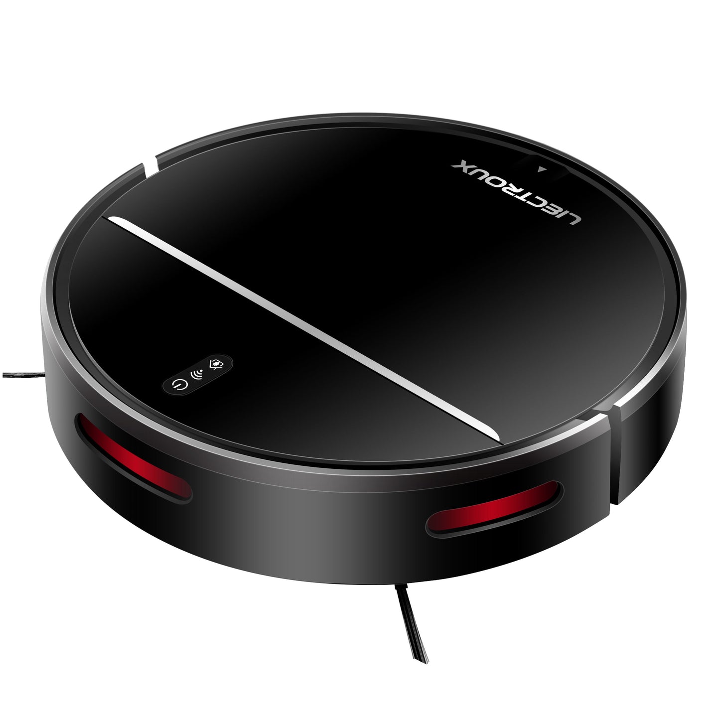 Black Plianx M7S Robot Vacuum with red lights on a white background