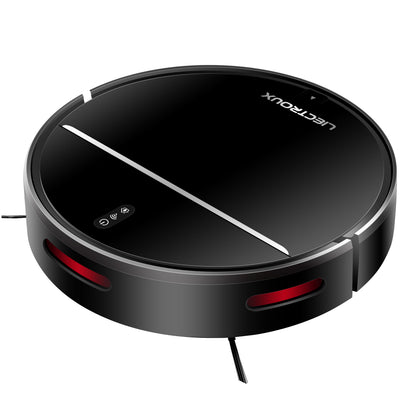 Black Plianx M7S Robot Vacuum with red lights on a white background