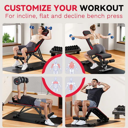 Multifunctional gym Plianx Adjustable Weight Bench with incline, flat, and decline positions for various exercises.