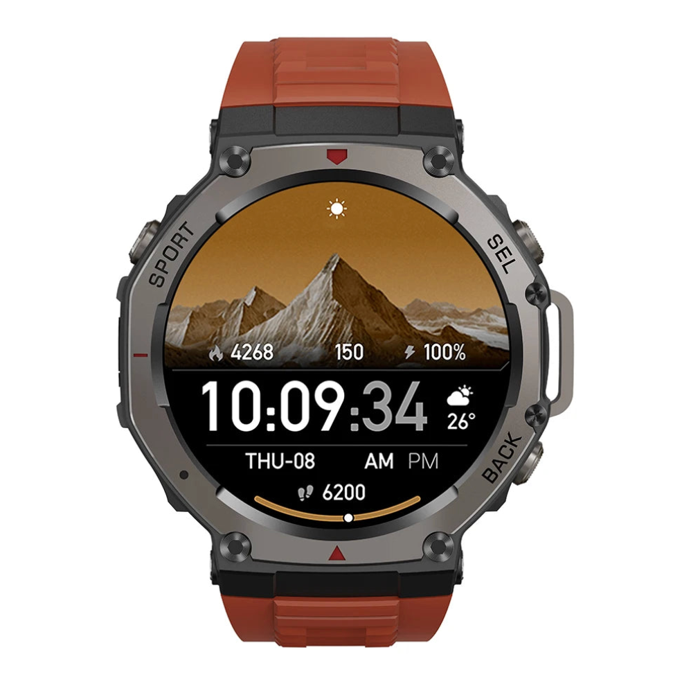 Praxia GPS Smartwatch with a mountain display on a white background