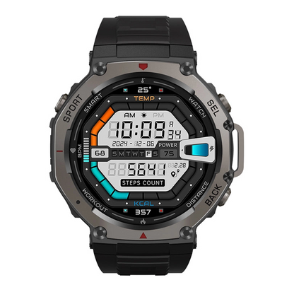 Digital Praxia GPS Smartwatch with various display options on a white background