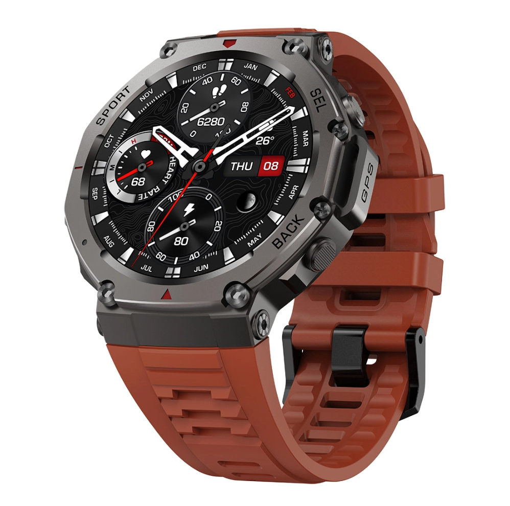 Praxia GPS Smartwatch with a brown strap on a white background