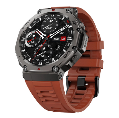Praxia GPS Smartwatch with a brown strap on a white background