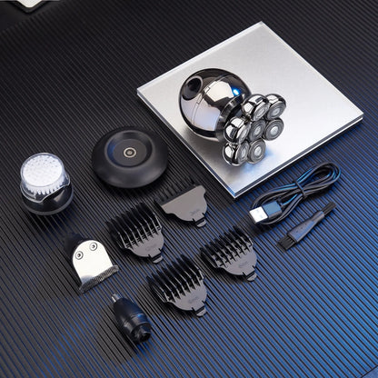 PrecisionPro 7D Head Shaver with multiple attachments on a textured surface
