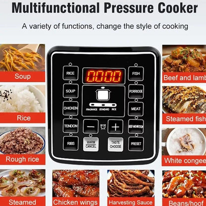 Multifunctional PresCooki Electric Pressure Cooker with digital display and cooking options, surrounded by images of prepared dishes.