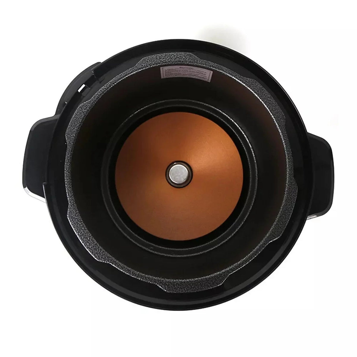 Top view of a black and copper-colored metal component on a white background