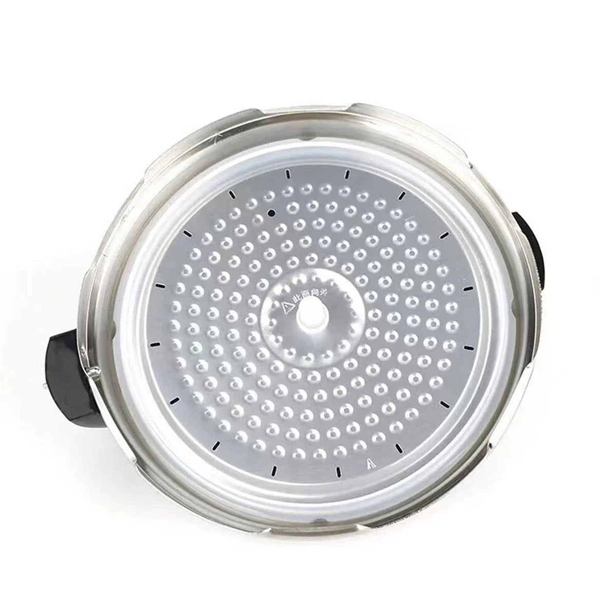 A circular stainless steel mesh filter or strainer basket with a textured surface and small black measurement markings, shown on a plain white background.