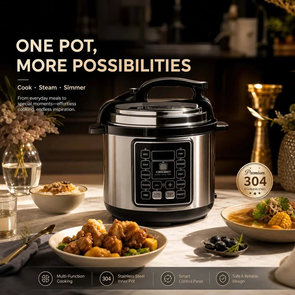 Instant PresCooki Electric Pressure Cooker in a kitchen setting with food dishes on a table, promotional text reading 'ONE POT, MORE POSSIBILITIES,' and feature icons along the bottom.