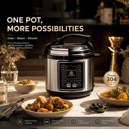 Instant PresCooki Electric Pressure Cooker in a kitchen setting with food dishes on a table, promotional text reading 'ONE POT, MORE POSSIBILITIES,' and feature icons along the bottom.