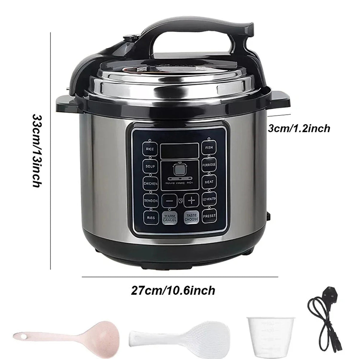 PresCooki Electric Pressure Cooker with measurement details on a white background