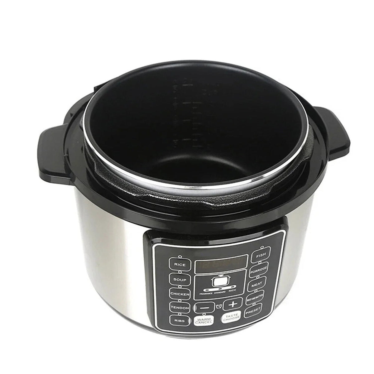 Black and silver PresCooki Electric Pressure Cooker on a white background