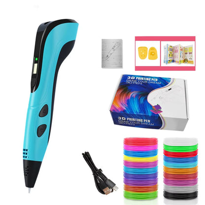 PrinpyKid 3D Pen with accessories including colorful filament spools, packaging, and USB cable on a white background.