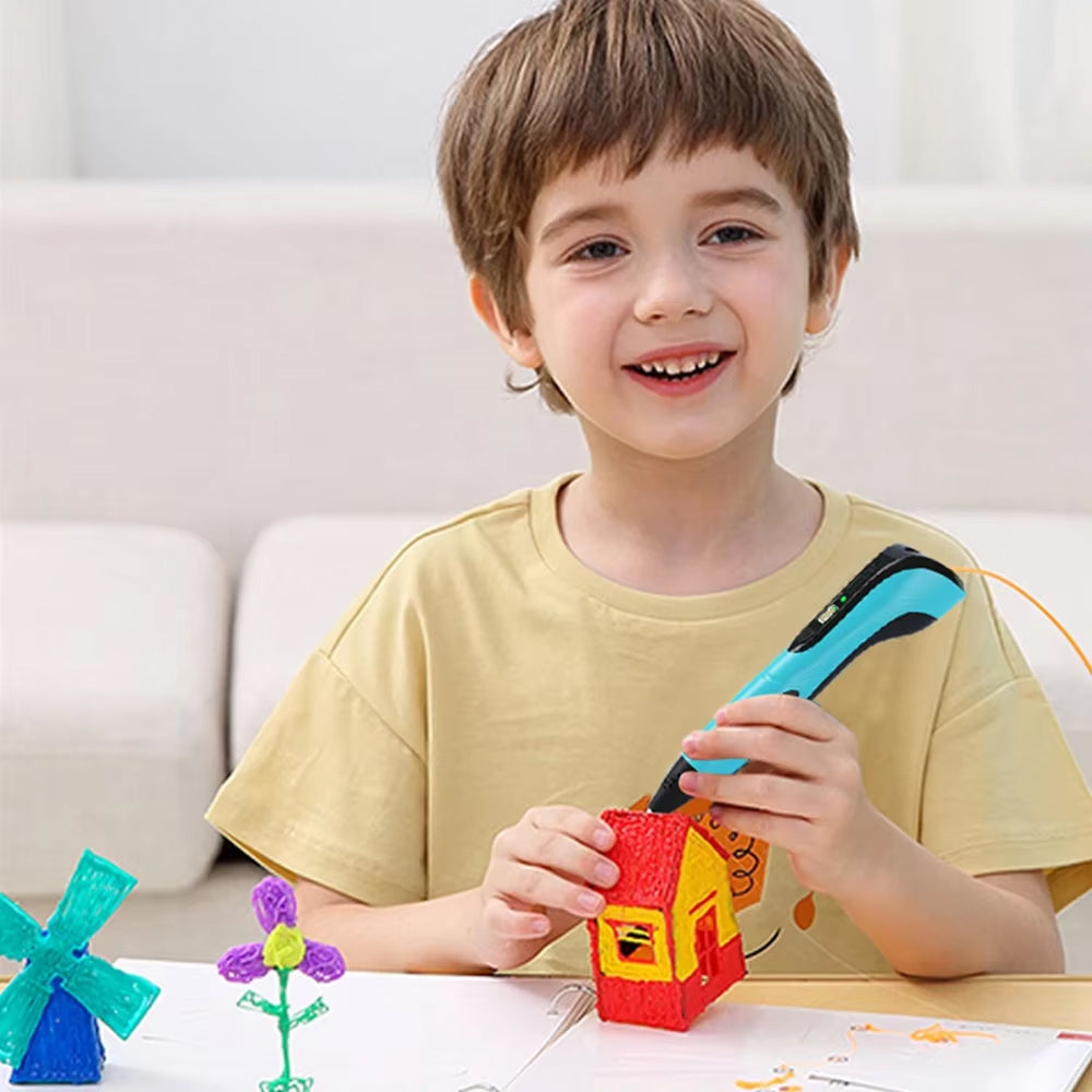 Child holding a PrinpyKid 3D Pen set with colorful components on a light background